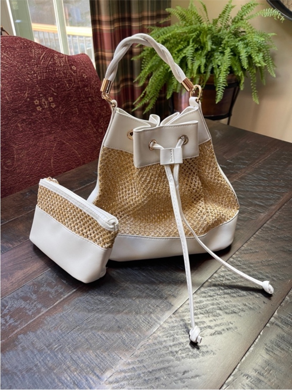 SAKS White & Natural Straw Drawstring Bucket Bag with Pouch